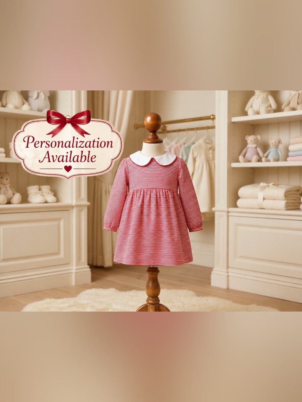 Bayou Blanks Red White Striped Dress Peter Pan Collar Sz 4T Personalized